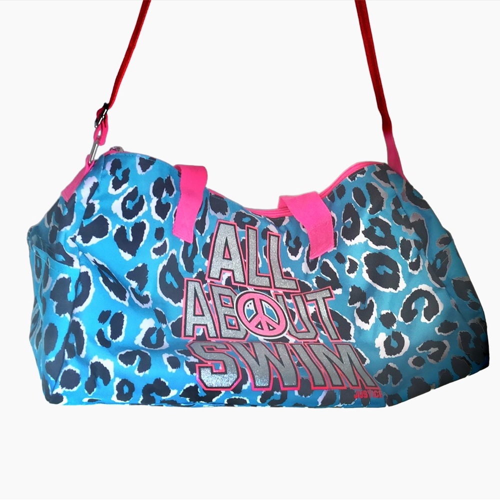 ❤️Justice gym bag canvas all about swim hot pink and blue leopard print glittery